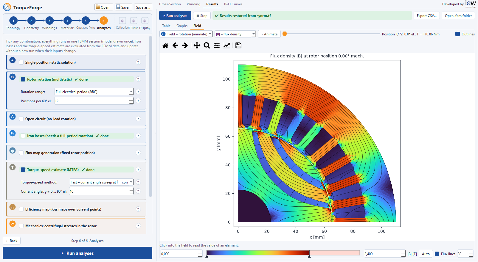 TorqueForge Analyses step with the flux density and flux lines of a SynRM rotation